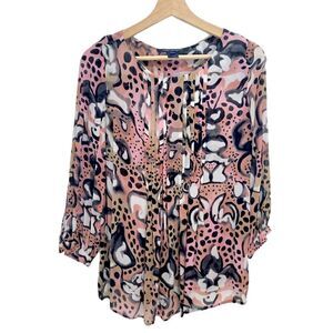 French Connection Sheer Abstract Pattern Blouse with 3/4 Sleeves